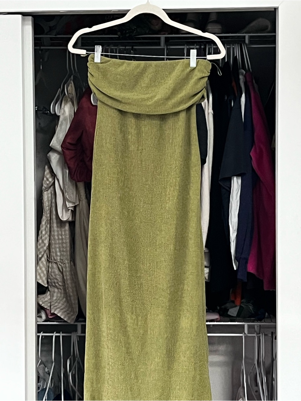 Zara Olive Green Strapless Maxi Skirt with Folded Waist
